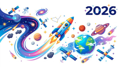 Colorful Space New Year 2026 Vector Illustration with Rocket Ship, Planets and Satellites © Lapak orang bejo