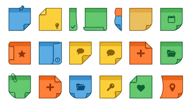 Collection of colorful sticky notes with icons for reminders and tasks.