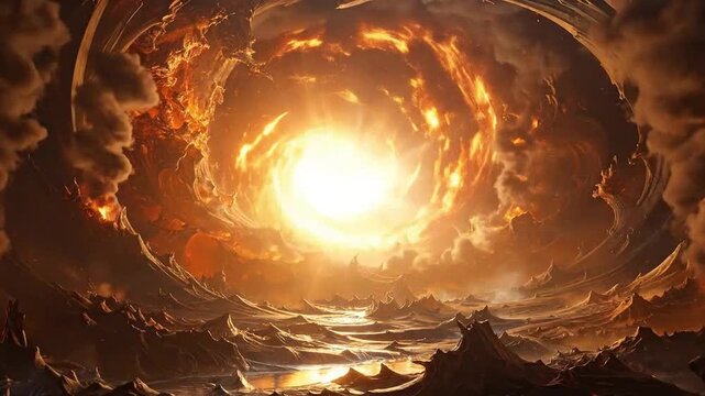 An abstract and fiery vortex with a bright light in the center of the image