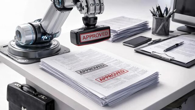 robotic arm stamping approved documents on office desk for automation process