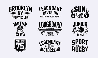 Fototapeta premium Vintage sports typography logo vector set with old school active lifestyle emblems for t shirt
