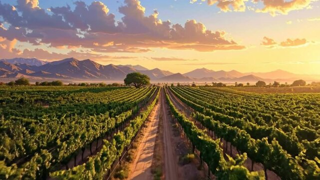 Beautiful vineyard landscape with rows of grapevines at sunset