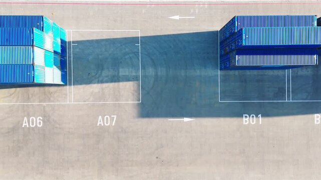 Moscow, December 30 2025, Top-down view shows blue containers labeled B01, B02, B03. Side angle displays containers marked A03, A06, A07, and A05. Stacked blue containers form an orderly industrial
