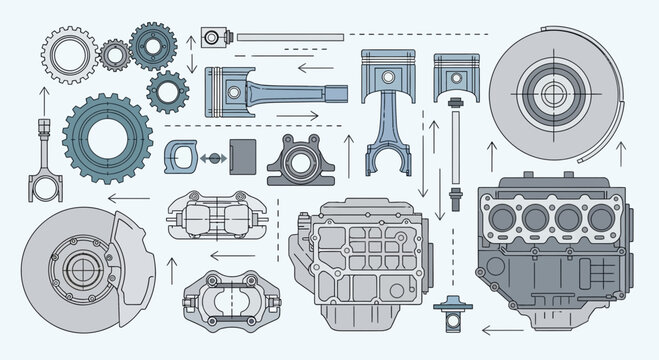 Car Engine Parts Exploded View Blueprint Style Illustration