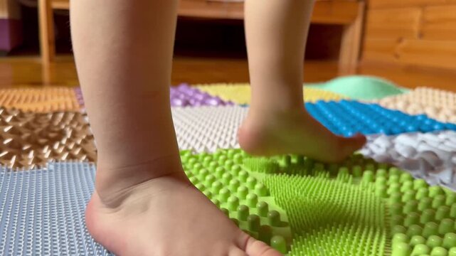 A close-up shot of a child's bare feet walking on various textured orthopedic puzzle mats. 