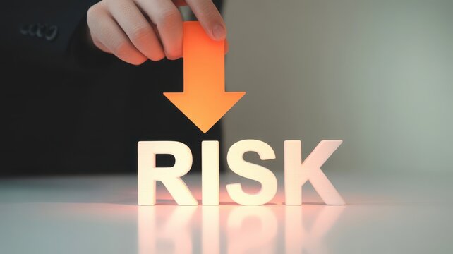 Hand pointing downward arrow at risk word for risk management concept