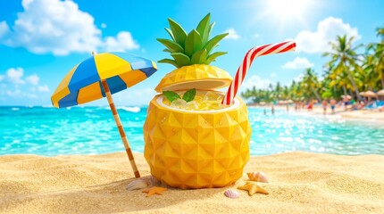Obraz premium Summer essentials concept with pineapple cocktail on a tropical beach