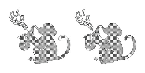 Musical monkey silhouette playing saxophone, jazz primate with music notes vector, grey monkey musician character set on white background © Jemie