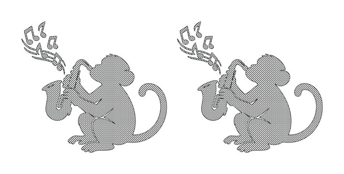 Musical monkey silhouette playing saxophone, jazz primate with music notes vector, grey monkey musician character set on white background