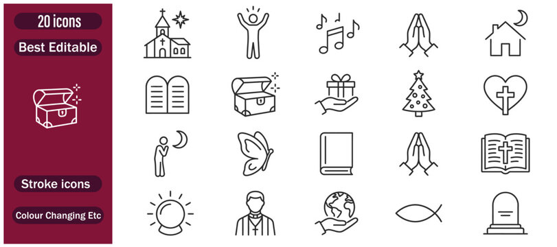 Christian Religion line icons set. Featuring jesus, signs, spirituality, ritual, christianity, catholic, christian and more. Simple and minimalist icon designs. Editable stroke.