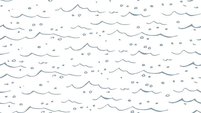 A looped, horizontally moving seamless pattern. Motion animation. Blue waves on a white background. Sea and ocean, water and bubbles, sea foam, nature.