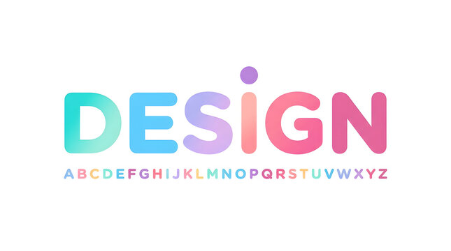 Vibrant and playful digital typography with a gradient color palette, showcasing the word 'DESIGN' alongside a full modern alphabet, perfect for creative projects