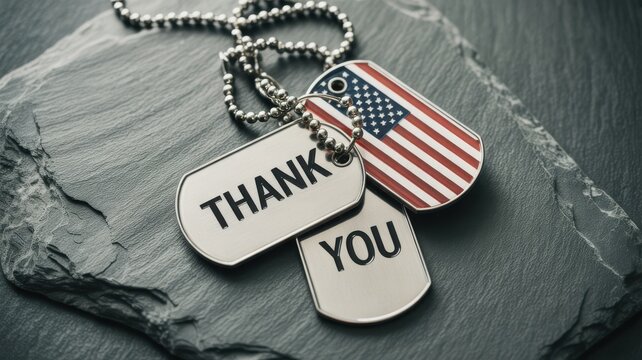 Military dog tags with American flag and Thank You message on dark slate background
