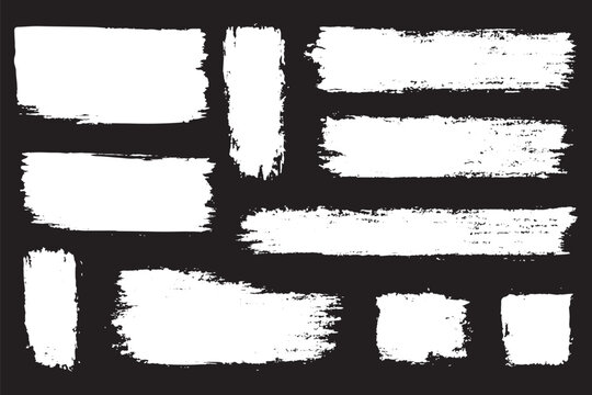 Black grunge brush stroke set. Redacted text censorship bars and rough ink line dividers. Vector texture strikethrough pack.
