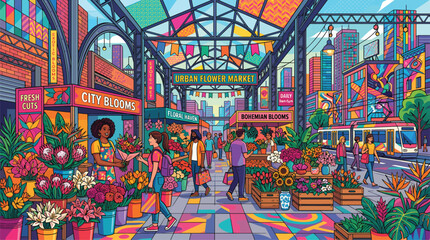 Obraz premium Vibrant Urban Flower Market Scene, City Blooms, Fresh Produce, Shoppers, Diverse Community