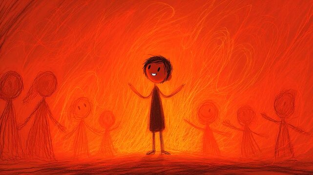 Lonely child standing among faceless figures in fiery red environment symbolizing isolation fear and social anxiety