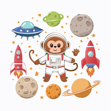 Cute Monkey Astronaut in Space with Rockets and Planets