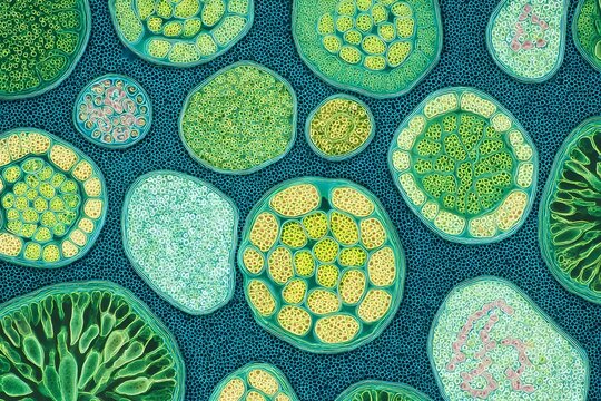 Microscopic view of colorful plant cells with chloroplasts in circular tissue pattern