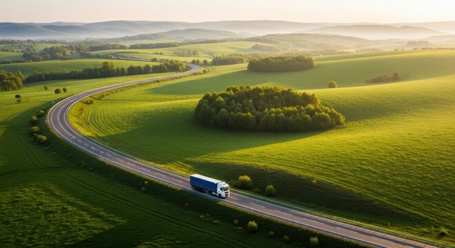 A truck travels along a winding road through rolling green hills at sunrise