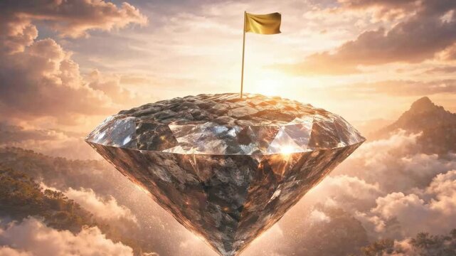 diamond-shaped object floating in clouds with flag at sunrise for creative concepts