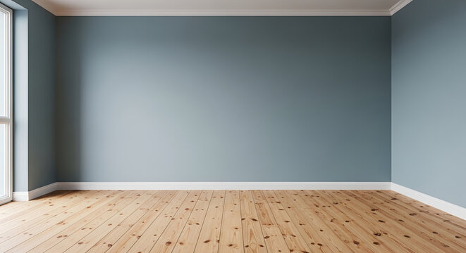 Empty Room With Blue Walls and Wooden Floor.