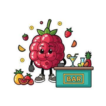 Cute Cartoon Raspberry Character Bartender with Fruit Drinks.