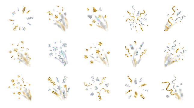 Large collection of gold and silver party poppers with exploding confetti stars and curly streamers isolated on a transparent background.