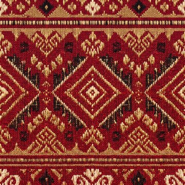 Traditional Balinese Endek Ikat Weave Fabric, Vibrant Red Gold Ceremonial Textile Close-Up