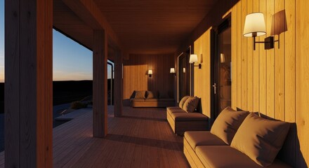 Fototapeta premium Modern nordic porch with comfortable seating and warm lighting at sunset