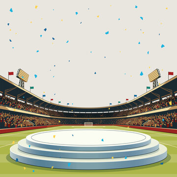 Blank round podium for placed product presentation at the middle of soccer stadium with full of fans and confetti wide angle retro style square template have blank space.