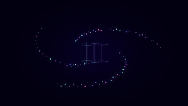 3D wireframe cube rotating with swirling colorful particles
