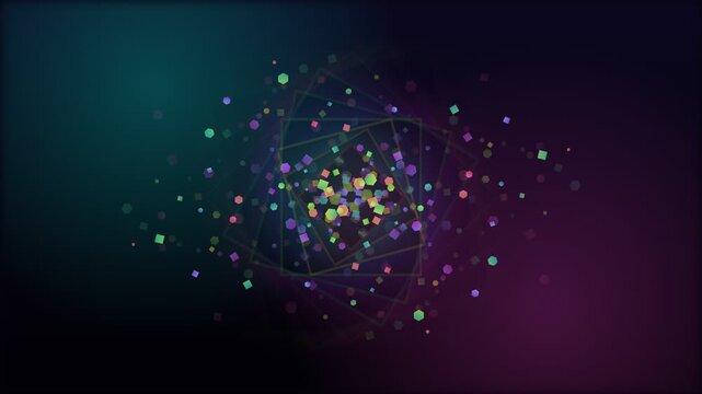 Colorful geometric particles rotating in a dark abstract tunnel