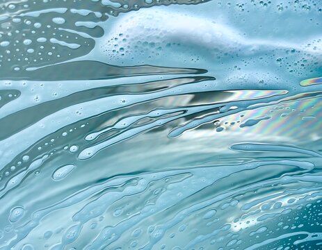 Abstract background of blue soapy water with bubbles and swirling liquid textures.