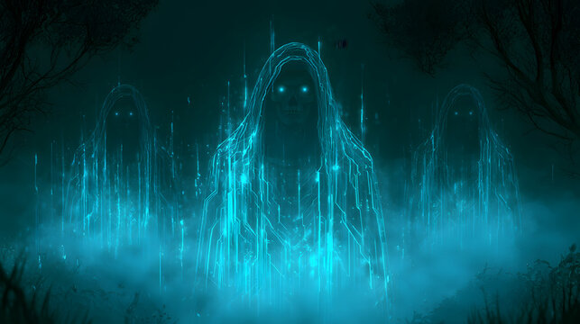 Abstract technology halloween background with digital horror avatars and eerie cyber fog