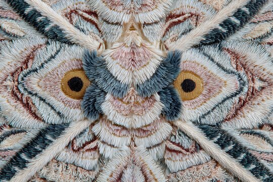Close-up symmetrical moth wings with detailed fuzzy pattern and eye spots