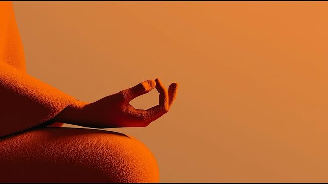 Close up of person meditating with hand in gyan mudra against warm orange background symbolizing calm mindfulness and inner peace