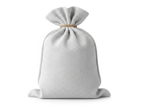 White canvas sack tied with twine string, standing upright on a white background, representing storage or contents