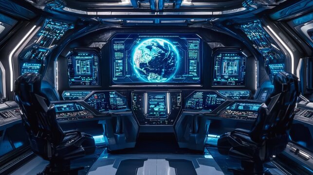 Futuristic interior design of a spaceship's command center.