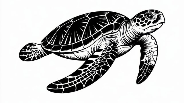 Sea turtle illustration in black and white linocut style isolated on white background