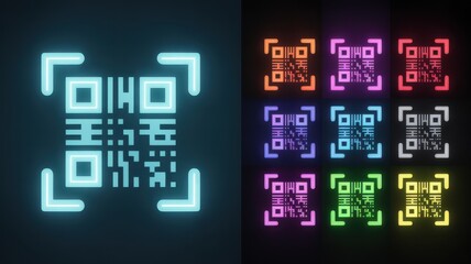 Fototapeta premium Set of neon glowing QR codes in various colors isolated on dark background