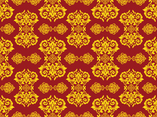 Fototapeta premium Luxury gold damask seamless pattern on red background. Vintage baroque floral ornament for wallpaper, textile, fabric and royal wedding design. Vector illustration.