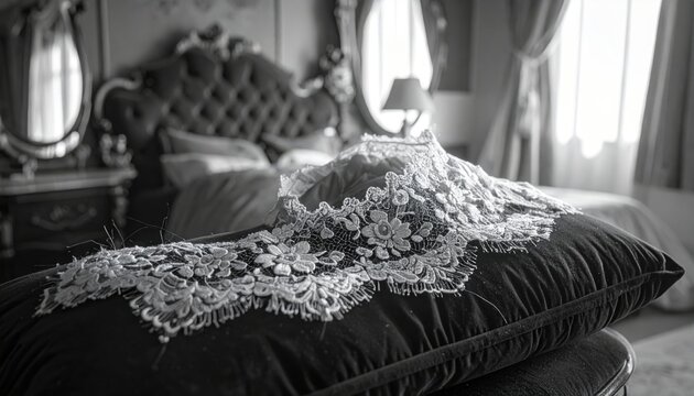 An ornate floral lace collar with intricate patterns and fine threads, presented on a dark cushion