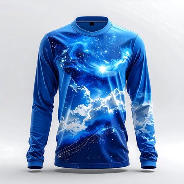 Blue hoodie with abstract galaxy print design.