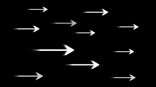 Abstract white arrows moving quickly across black background as seamless motion graphics loop.