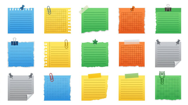 Collection of colorful sticky notes with various fasteners.