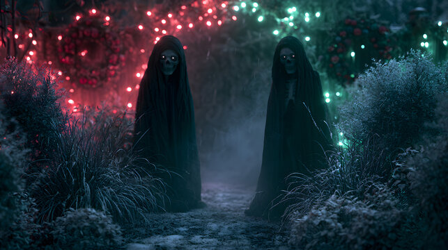 Dark christmas horror yard scene with hooded skeletons and moody gothic holiday glow