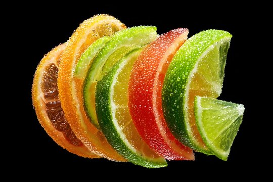 A colorful assortment of fruit jelly candies, including orange, lime, and lemon slices, dusted with sugar