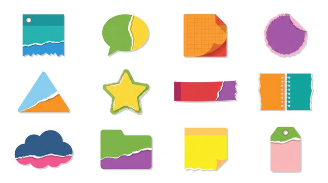 Collection of colorful torn paper sticky notes and icons.