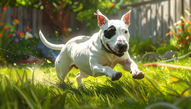 Bull Terrier with a black eye patch spinning in frantic circles on a garden lawn with grass flying around it generative AI