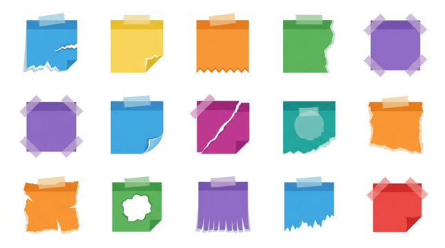 Collection of colorful torn paper sticky notes with tape.